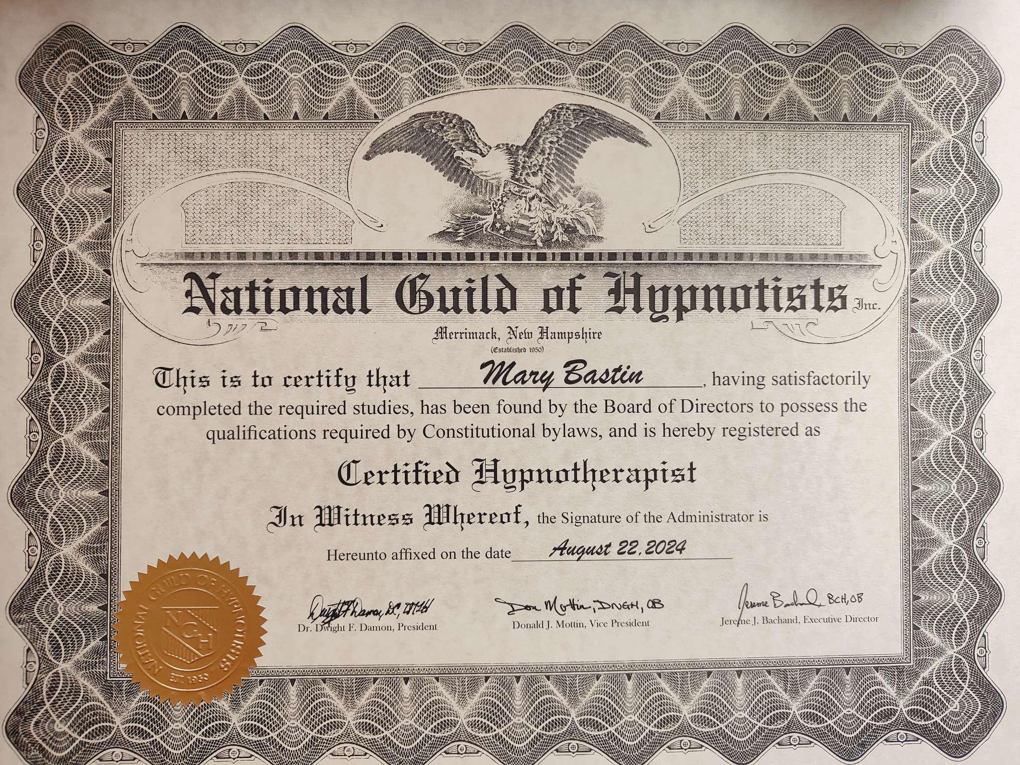 Mary bastin hypnotherpist NBH certificate