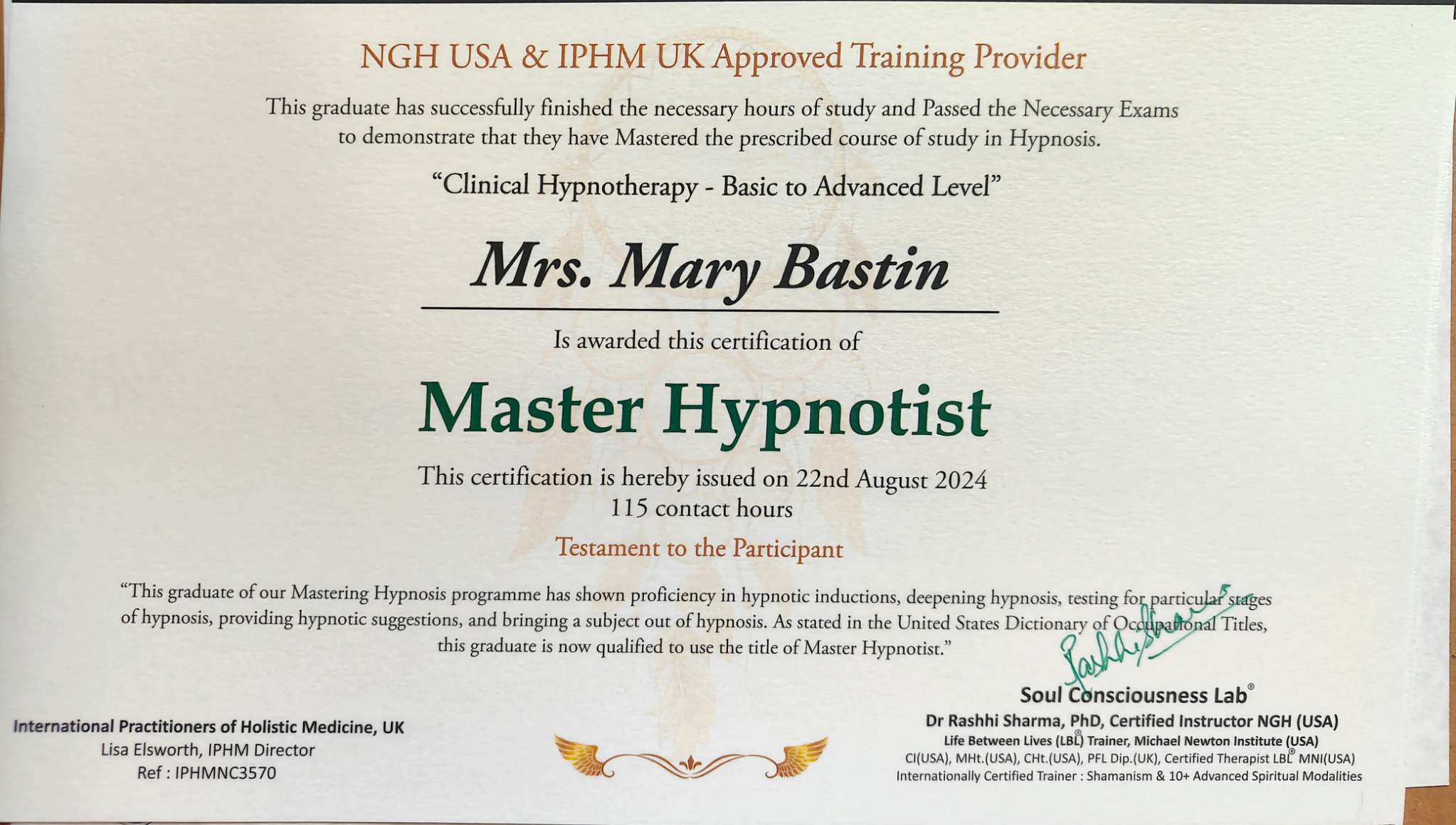 Mary bastin master hypnotist NGH certificate