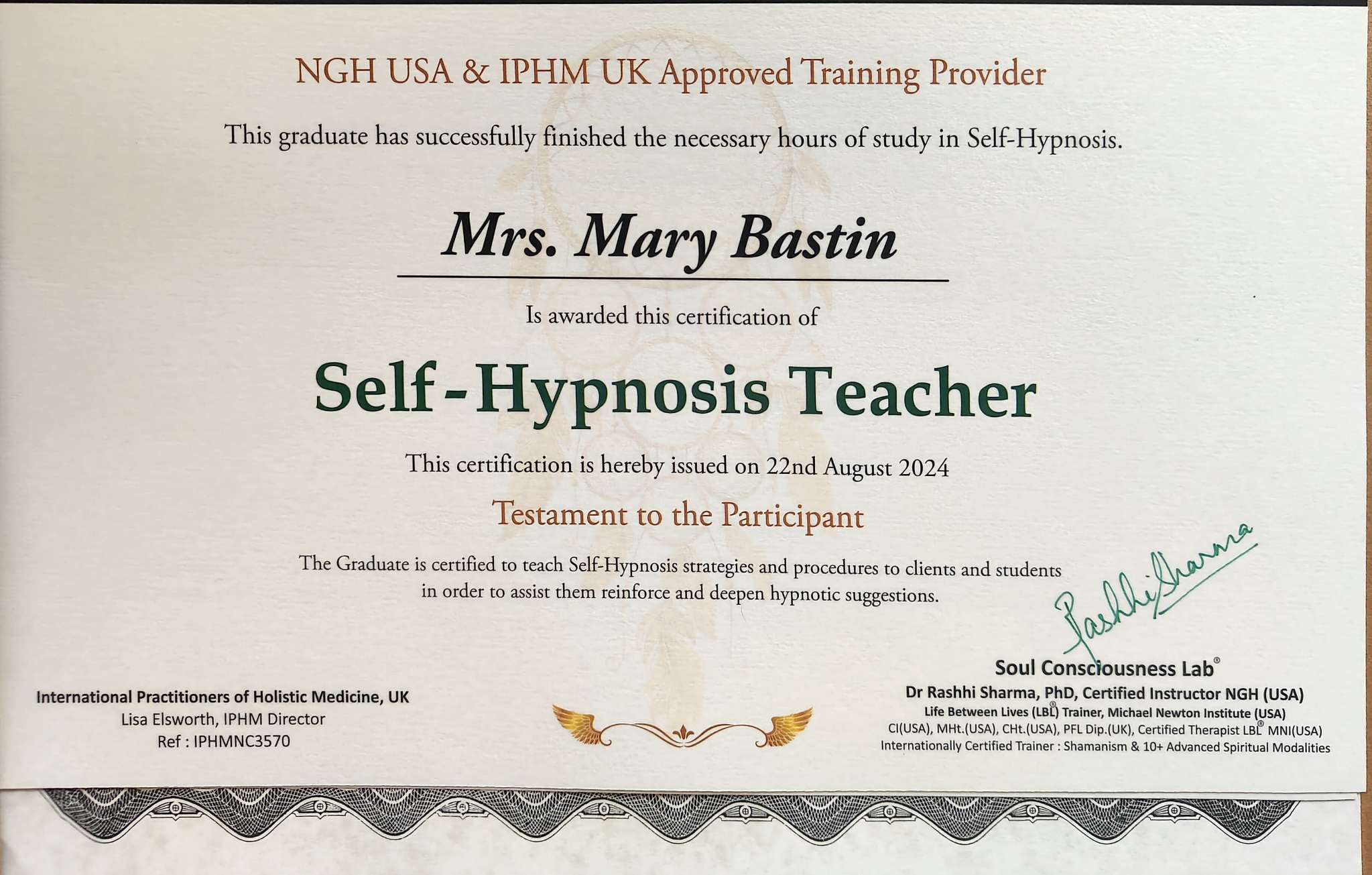 Mary bastin self hypnosis NGH certificate